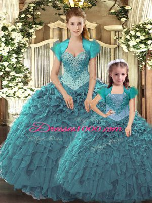 Wonderful Tulle Straps Sleeveless Lace Up Beading and Ruffles Quince Ball Gowns in Teal