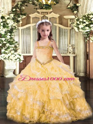 Inexpensive Gold Sleeveless Floor Length Appliques and Ruffled Layers Lace Up Child Pageant Dress