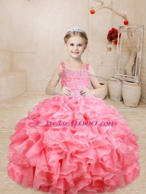 Latest Beading and Ruffles Kids Formal Wear Watermelon Red Lace Up Sleeveless Floor Length