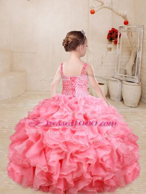 Latest Beading and Ruffles Kids Formal Wear Watermelon Red Lace Up Sleeveless Floor Length