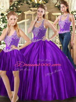 Floor Length Purple Quinceanera Dresses Tulle Sleeveless Beading