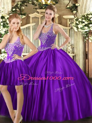 Floor Length Purple Quinceanera Dresses Tulle Sleeveless Beading