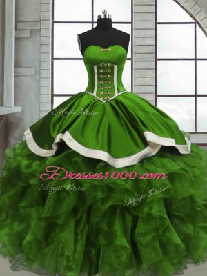 Hot Sale Green Ball Gowns Organza Sweetheart Sleeveless Beading and Ruffles and Ruching Floor Length Lace Up Sweet 16 Dresses