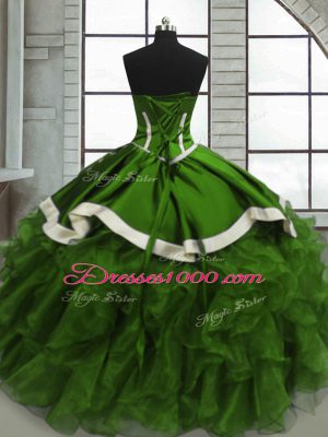 Hot Sale Green Ball Gowns Organza Sweetheart Sleeveless Beading and Ruffles and Ruching Floor Length Lace Up Sweet 16 Dresses