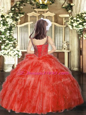 Fashion Orange Red Lace Up Straps Beading and Ruffles Child Pageant Dress Organza Sleeveless