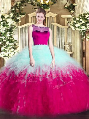Spectacular Scoop Sleeveless Quinceanera Gowns Floor Length Beading and Ruffles Multi-color Tulle