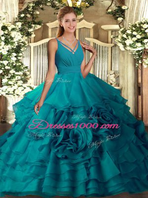 Dazzling Teal Sweet 16 Dress Sweet 16 and Quinceanera with Beading and Ruffled Layers V-neck Sleeveless Backless