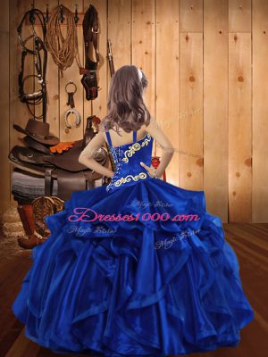 Perfect Fuchsia Ball Gowns Organza Straps Sleeveless Embroidery and Ruffles Floor Length Lace Up Custom Made