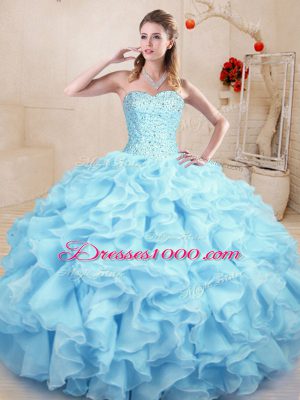 Amazing Light Blue Organza Lace Up Sweetheart Sleeveless Floor Length Quince Ball Gowns Ruffles