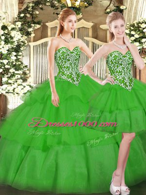 Colorful Sweetheart Sleeveless Quinceanera Dresses Floor Length Beading and Ruffled Layers Green Tulle