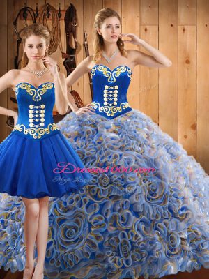 With Train Lace Up Quinceanera Gowns Multi-color for Military Ball and Sweet 16 and Quinceanera with Embroidery Sweep Train