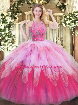 Multi-color Tulle Zipper Quince Ball Gowns Sleeveless Floor Length Beading and Ruffles