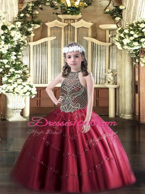 Wine Red Lace Up Little Girls Pageant Gowns Beading Sleeveless Floor Length