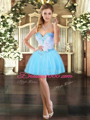 Aqua Blue Sleeveless Mini Length Beading Lace Up Prom Evening Gown