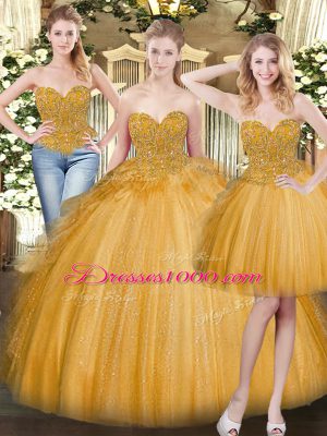 Pretty Gold Sleeveless Tulle Lace Up Quinceanera Gown for Military Ball and Sweet 16 and Quinceanera