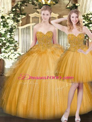 Pretty Gold Sleeveless Tulle Lace Up Quinceanera Gown for Military Ball and Sweet 16 and Quinceanera