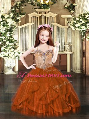 Sleeveless Tulle Floor Length Lace Up Kids Pageant Dress in Rust Red with Beading and Ruffles