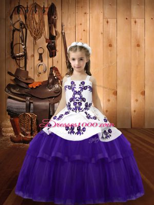 Popular Purple Ball Gowns Straps Sleeveless Tulle Floor Length Lace Up Embroidery Pageant Dress