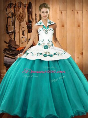 Best Sleeveless Floor Length Embroidery Lace Up Sweet 16 Dresses with Turquoise