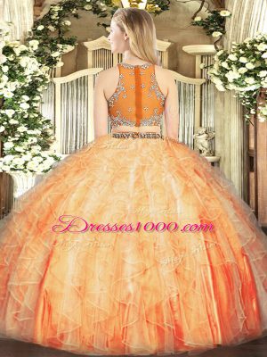 Coral Red Sleeveless Tulle Zipper Vestidos de Quinceanera for Military Ball and Sweet 16 and Quinceanera