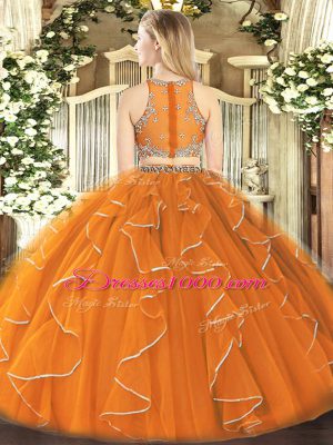 Dazzling Sleeveless Organza Floor Length Zipper Quinceanera Gown in Coral Red with Ruffles