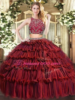 Perfect Burgundy Zipper Quinceanera Gowns Beading and Ruffled Layers Sleeveless Floor Length