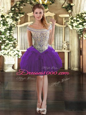 Trendy Purple Ball Gowns Beading and Ruffles Evening Dress Zipper Tulle Sleeveless Mini Length