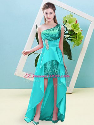 Shining Elastic Woven Satin and Sequined Sleeveless High Low and Beading and Sequins