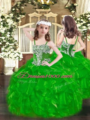Green Lace Up Straps Appliques and Ruffles Kids Pageant Dress Organza Sleeveless
