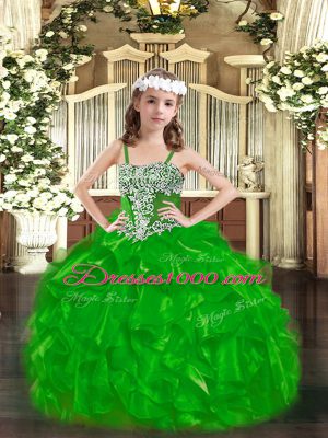 Green Lace Up Straps Appliques and Ruffles Kids Pageant Dress Organza Sleeveless