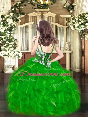 Green Lace Up Straps Appliques and Ruffles Kids Pageant Dress Organza Sleeveless