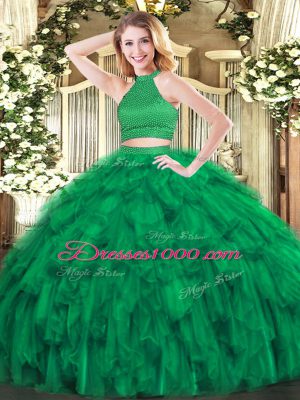 Green Backless Sweet 16 Quinceanera Dress Beading and Ruffles Sleeveless Floor Length