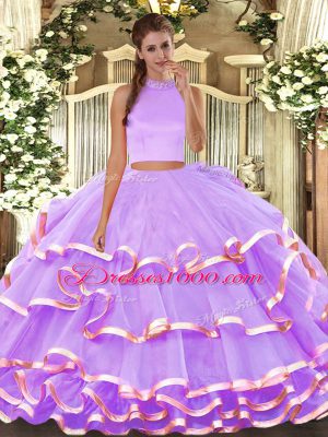 Lavender Organza Backless Quinceanera Dresses Sleeveless Floor Length Beading and Ruffled Layers
