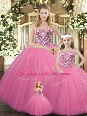 Rose Pink Sweetheart Neckline Beading Ball Gown Prom Dress Sleeveless Lace Up
