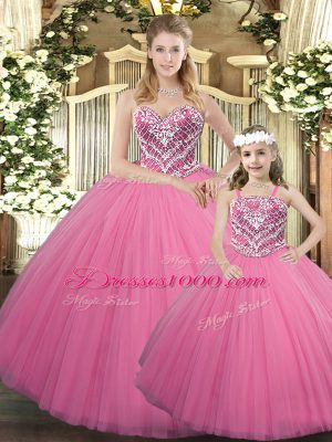 Rose Pink Sweetheart Neckline Beading Ball Gown Prom Dress Sleeveless Lace Up