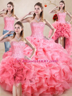 Dynamic Sweetheart Sleeveless 15th Birthday Dress Floor Length Beading and Ruffles and Ruching Baby Pink Organza