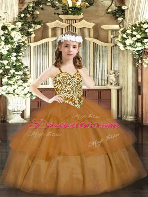 Brown Lace Up Little Girls Pageant Gowns Beading and Ruffled Layers Sleeveless Floor Length
