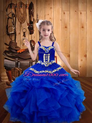 Superior Royal Blue Ball Gowns Straps Sleeveless Organza Floor Length Lace Up Embroidery and Ruffles Little Girl Pageant Gowns