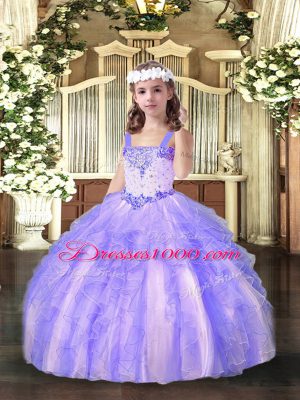 Dramatic Floor Length Lavender Pageant Dress Wholesale Organza Sleeveless Beading and Ruffles