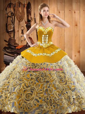 Multi-color Ball Gowns Satin and Fabric With Rolling Flowers Sweetheart Sleeveless Embroidery With Train Lace Up Sweet 16 Quinceanera Dress Sweep Train