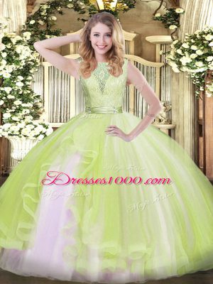 Customized Yellow Green Backless Scoop Lace and Ruffles Quinceanera Dress Organza Sleeveless