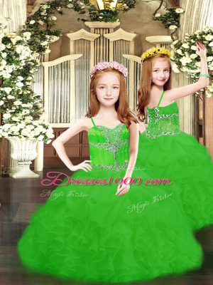 Fashionable Green Spaghetti Straps Neckline Beading and Ruffles and Pick Ups Pageant Dress for Girls Sleeveless Lace Up