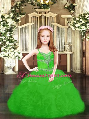 Fashionable Green Spaghetti Straps Neckline Beading and Ruffles and Pick Ups Pageant Dress for Girls Sleeveless Lace Up