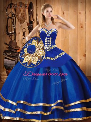 Blue Sleeveless Satin and Tulle Lace Up Quince Ball Gowns for Military Ball and Sweet 16 and Quinceanera