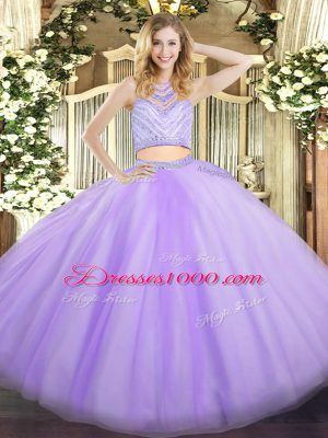 Enchanting Two Pieces 15th Birthday Dress Lavender Scoop Tulle Sleeveless Floor Length Zipper