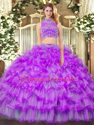 Nice Floor Length Backless Ball Gown Prom Dress Purple for Military Ball and Sweet 16 and Quinceanera and Beach with Beading and Ruffled Layers