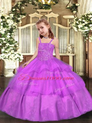High End Lilac Ball Gowns Straps Sleeveless Organza Floor Length Lace Up Beading and Ruffled Layers Pageant Dress for Womens