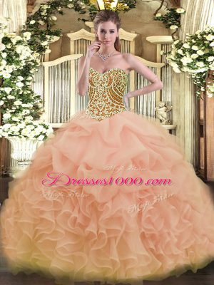 Best Sleeveless Floor Length Beading and Ruffles Lace Up Quinceanera Gown with Peach