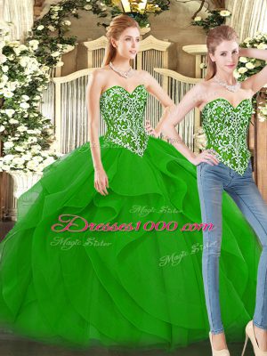 Green Ball Gowns Sweetheart Sleeveless Organza Floor Length Lace Up Beading and Ruffles 15 Quinceanera Dress