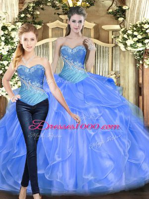 Lavender Organza Lace Up Quince Ball Gowns Sleeveless Floor Length Beading and Ruffles